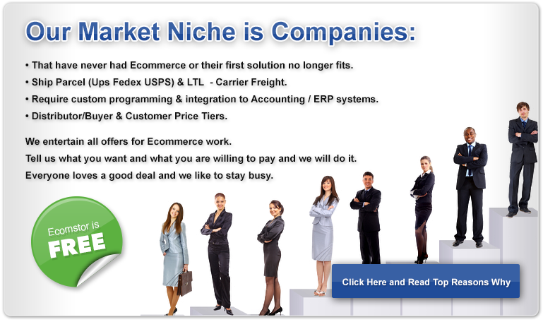 Best Practices Enterprise Ecommerce 

Logistica Solutions Inc. is a Php& Mysql Web Development company located in Anaheim, California USA. We  provide custom Php programming for any Open source program. ( Wordpress, Joomla, osCommerce )

We have developed our own Ecommerce Programs:

�	Ecomstor SEO - Is our entry level product. It is Free to use and we provide professional services to our customer's preferences. Ecomstor SEO is our Fixed Feature program. 

�	Interpristor - is our customizable program. This program can be programmed and redesigned in any manner you choose. Our Niche market is...
�	That have never had Ecommerce or their first solution doesn't fit
�	Ship Parcel (UPS / FedEx and LTL Carrier Freight
�	Require custom programming and integration to Accounting ERP systems.
�	Distributor / Buyer & Customer Price Tiers

We entertain all offers for Ecommerce work.

Tell us what you want and are willing to pay and we will get it done

Everyone likes a good deal and we like to stay to busy.
