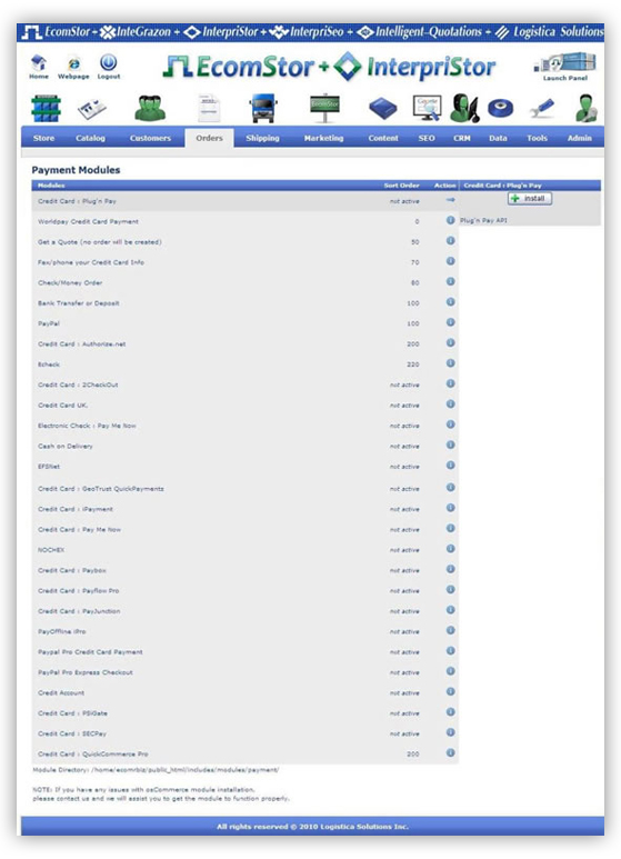 payment gateways  ecomstor seo 3rd generation osCommerce compatible  ecommerce software