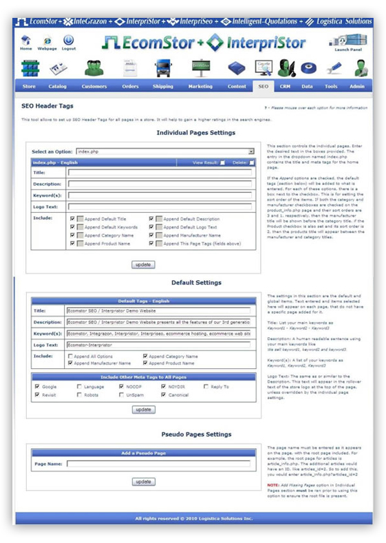 seo header generation  ecomstor seo 3rd generation osCommerce compatible  ecommerce software webware