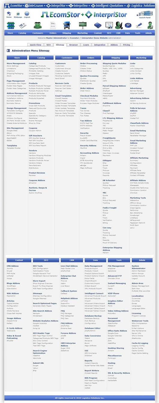 menu site map admin menu layout  ecomstor seo oscommerce compatible ecommerce software webware